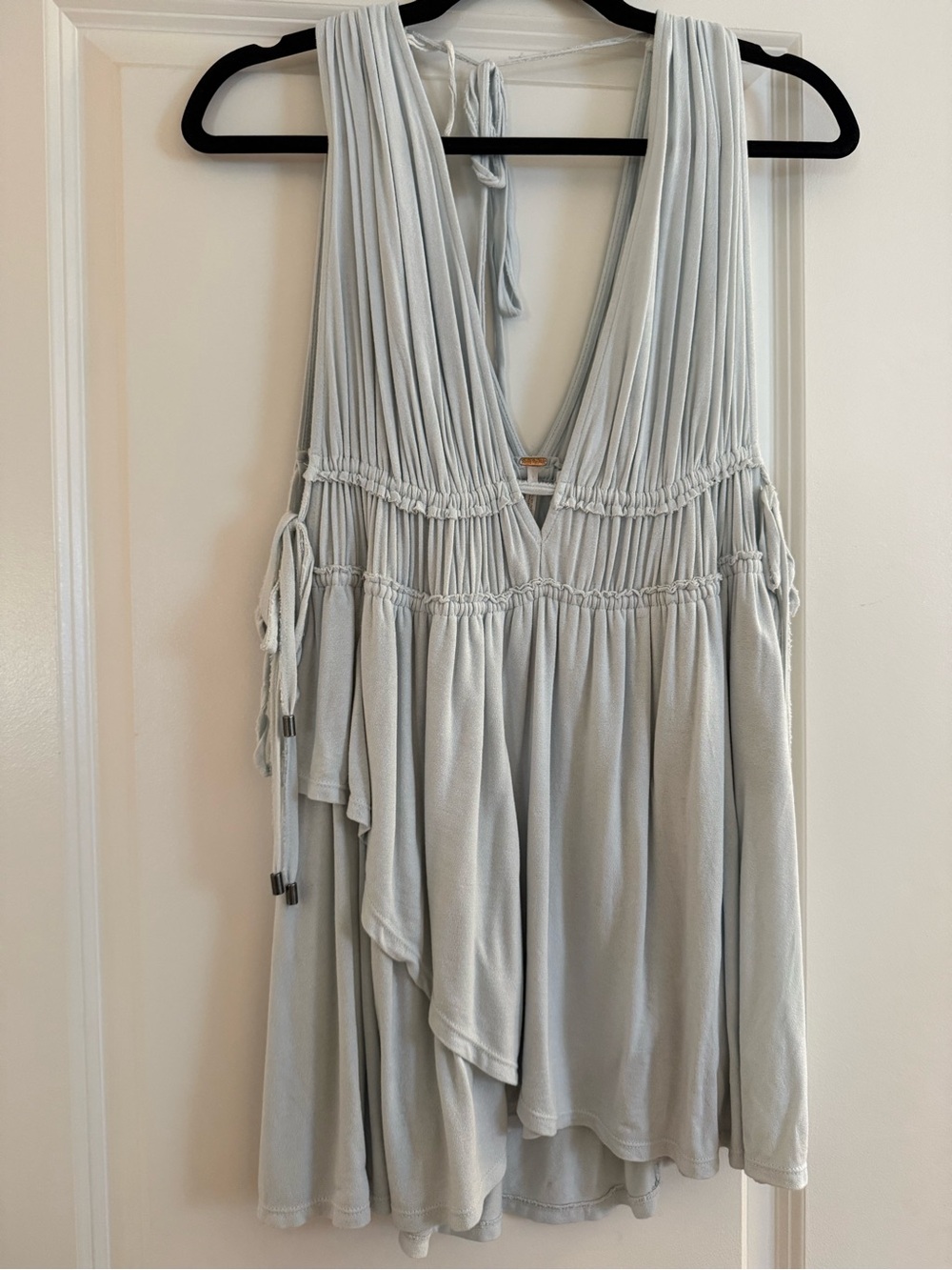 Free People Pale Blue V-Neck Sleeveless Tunic with Gathered Waist